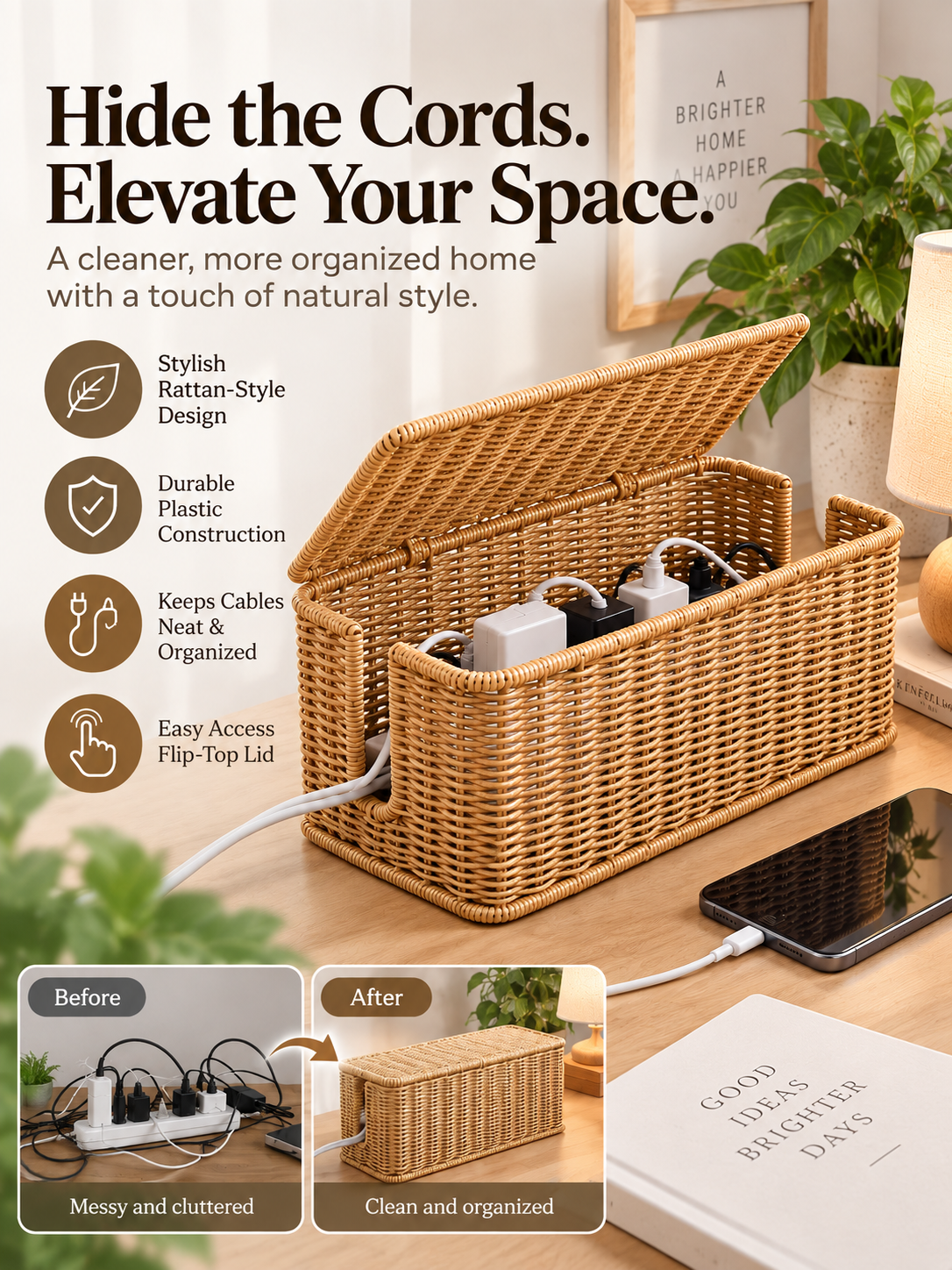 Woven Rattan-Style Plastic Cable Management Box