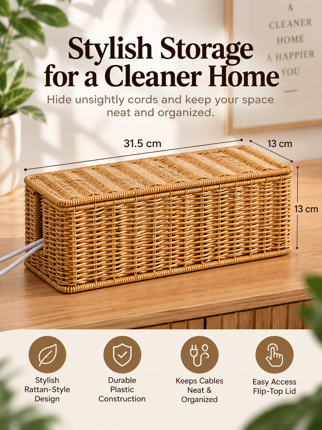 Woven Rattan-Style Plastic Cable Management Box