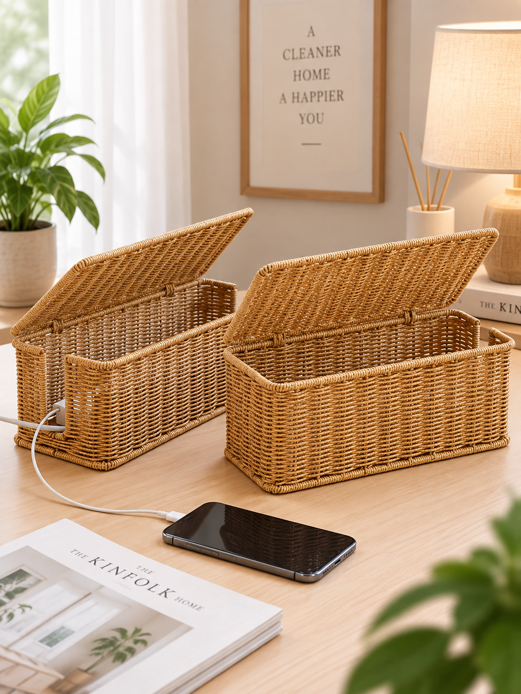 Woven Rattan-Style Plastic Cable Management Box