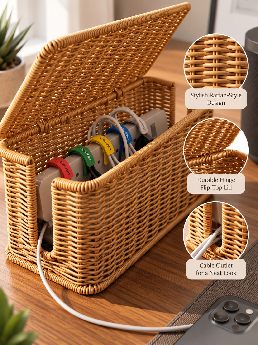 Woven Rattan-Style Plastic Cable Management Box