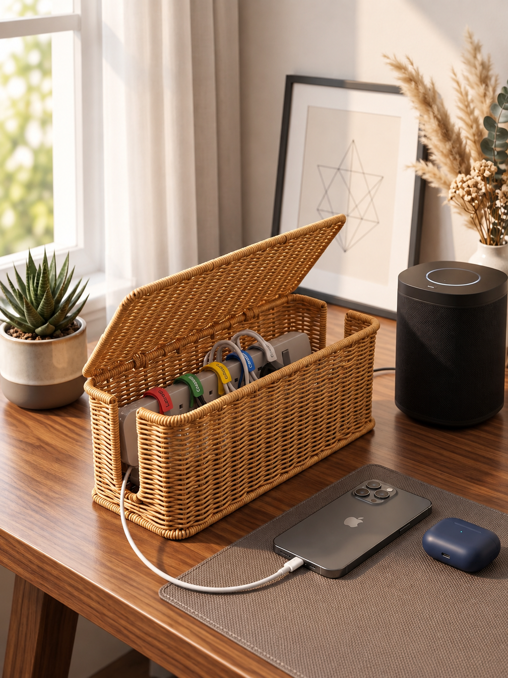 Woven Rattan-Style Plastic Cable Management Box